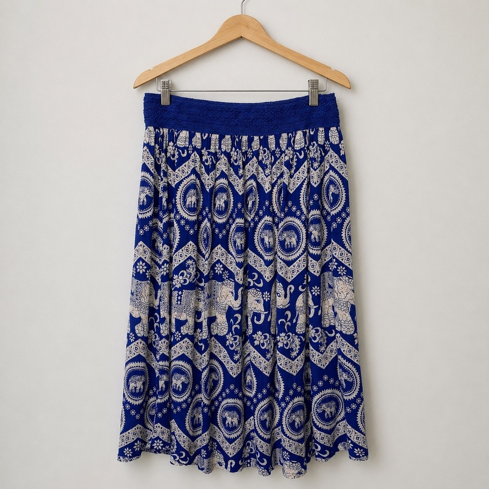 Gypsie Blu Elephant Print Smocked Waist Midi Skirt Large Boho Festival Rayon